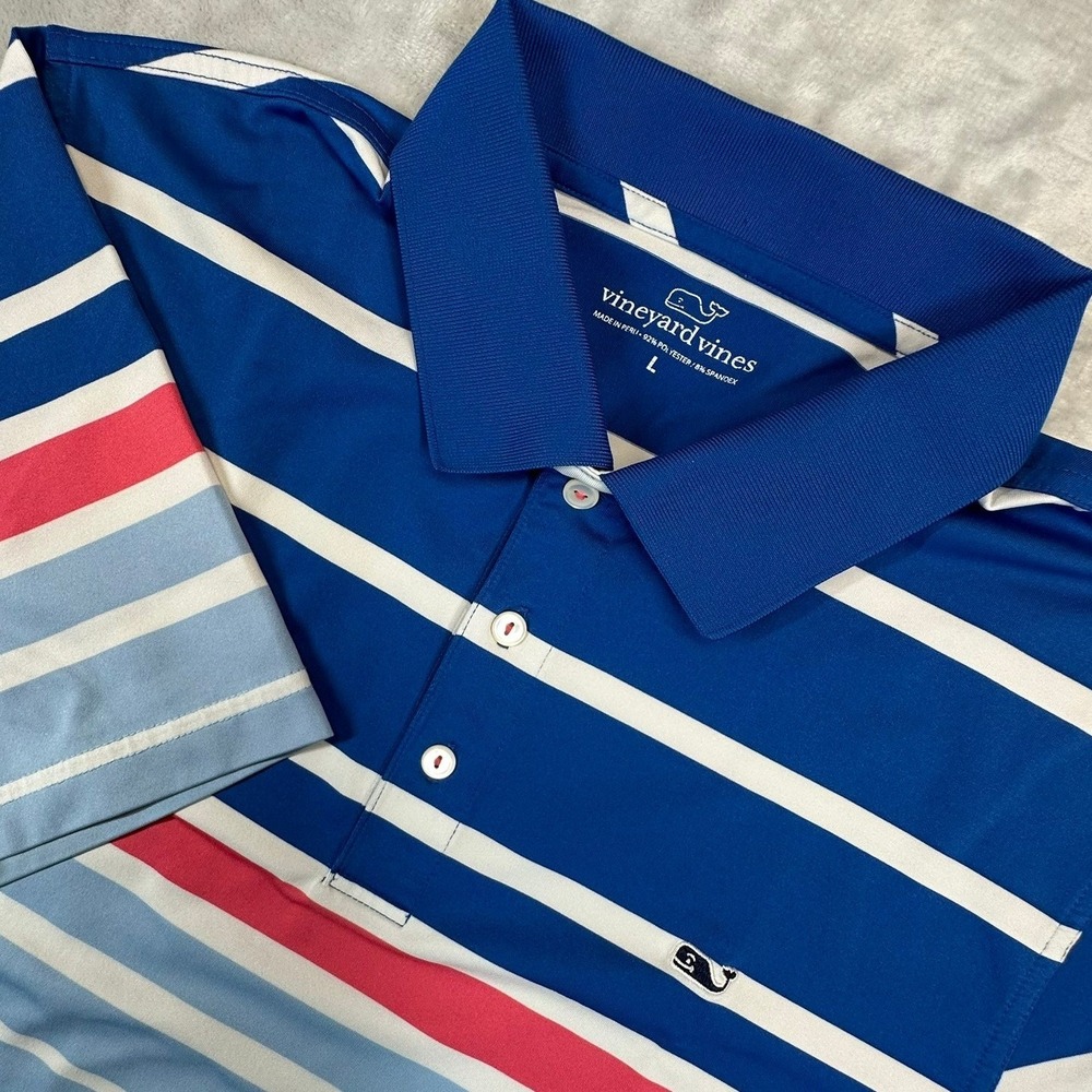 Vineyard Vines Polo Mens L Blue Striped Performance Short Sleeve Whale Shirt